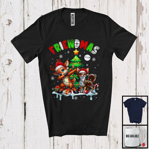 MacnyStore - Friendmas; Joyful Christmas Tree Santa Chihuahua Owner; X-mas Lights Dabbing Reindeer T-Shirt