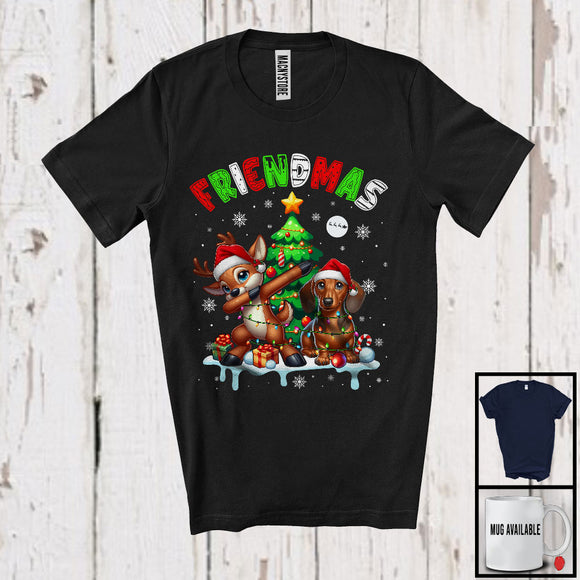 MacnyStore - Friendmas; Joyful Christmas Tree Santa Dachshund Owner; X-mas Lights Dabbing Reindeer T-Shirt