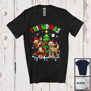 MacnyStore - Friendmas; Joyful Christmas Tree Santa Golden Retriever Owner; X-mas Lights Dabbing Reindeer T-Shirt