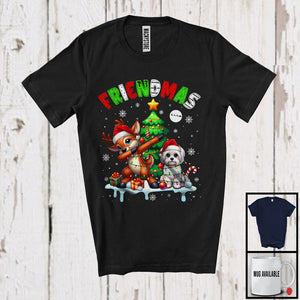 MacnyStore - Friendmas; Joyful Christmas Tree Santa Maltese Owner; X-mas Lights Dabbing Reindeer T-Shirt