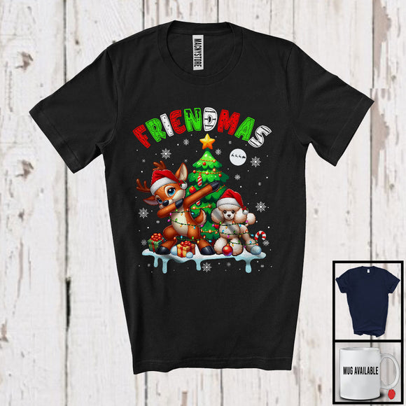 MacnyStore - Friendmas; Joyful Christmas Tree Santa Poodle Owner; X-mas Lights Dabbing Reindeer T-Shirt