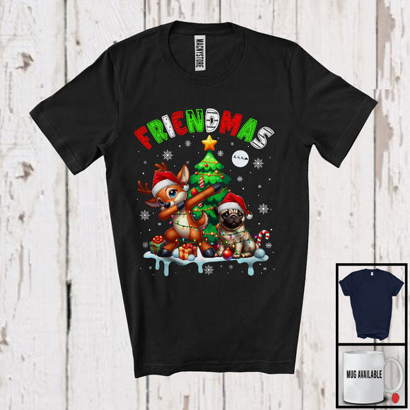 MacnyStore - Friendmas; Joyful Christmas Tree Santa Pug Owner; X-mas Lights Dabbing Reindeer T-Shirt