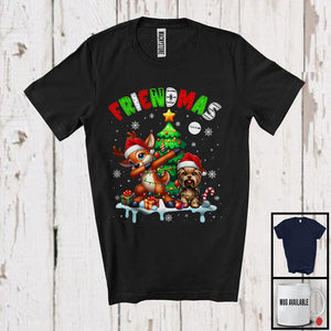 MacnyStore - Friendmas; Joyful Christmas Tree Santa Yorkshire Terrier Owner; X-mas Lights Dabbing Reindeer T-Shirt