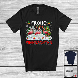 MacnyStore - Frohe Weihnachten; Merry Christmas Tree Snowing Three Santa Reindeer Flamingos; Germany Family T-Shirt