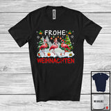 MacnyStore - Frohe Weihnachten; Merry Christmas Tree Snowing Three Santa Reindeer Flamingos; Germany Family T-Shirt