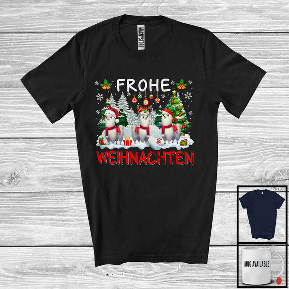 MacnyStore - Frohe Weihnachten; Merry Christmas Tree Snowing Three Santa Reindeer Llamas; Germany Family T-Shirt