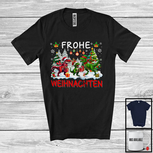 MacnyStore - Frohe Weihnachten; Merry Christmas Tree Snowing Three Santa Reindeer T-Rex; Germany Family T-Shirt