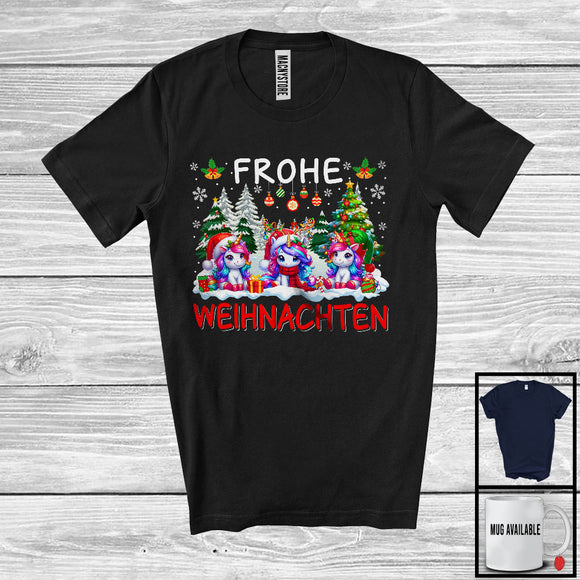 MacnyStore - Frohe Weihnachten; Merry Christmas Tree Snowing Three Santa Reindeer Unicorns; Germany Family T-Shirt