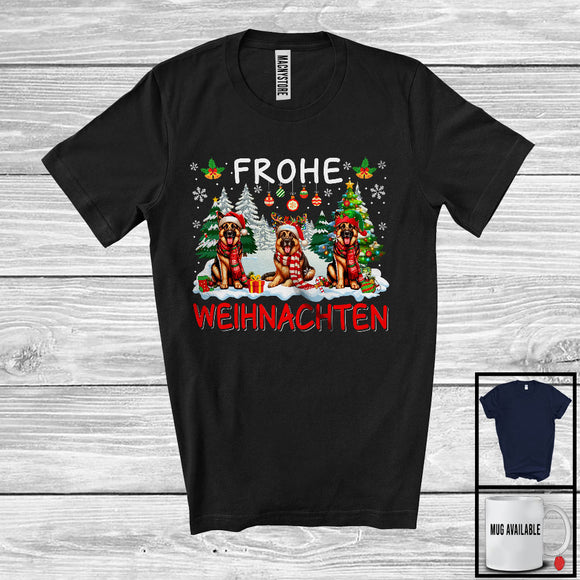 MacnyStore - Frohe Weihnachten; Merry Christmas Tree Three Santa German Shepherds; Germany Family T-Shirt