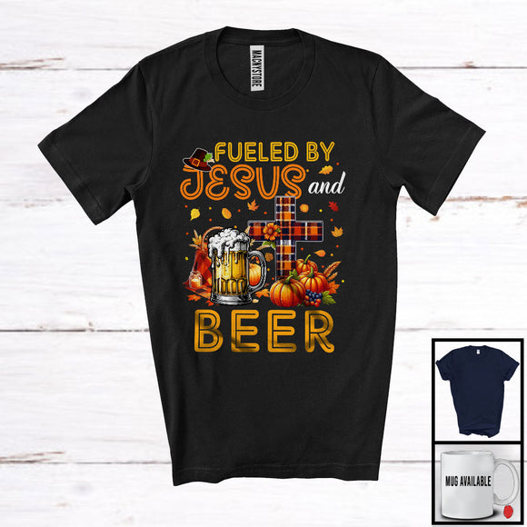 MacnyStore - Fueled By Jesus And Beer, Awesome Thanksgiving Plaid Cross Pumpkin, Drinking Drunker T-Shirt