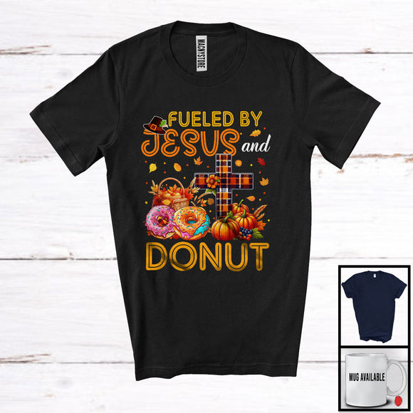 MacnyStore - Fueled By Jesus And Donut, Awesome Thanksgiving Plaid Cross Pumpkin, Eating Food Lover T-Shirt