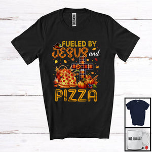 MacnyStore - Fueled By Jesus And Pizza, Awesome Thanksgiving Plaid Cross Pumpkin, Eating Food Lover T-Shirt