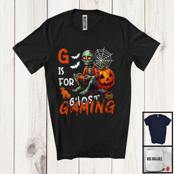 MacnyStore - G Is For Gaming, Horror Halloween Zombie Playing Video Game Controller, Pumpkin Gamer T-Shirt