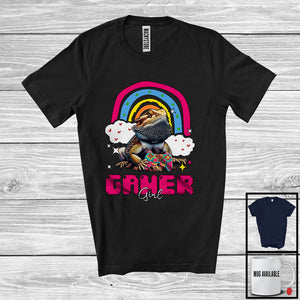 MacnyStore - Gamer Girl; Adorable Bearded Dragon Playing Video Games; Gaming Rainbow Gamer Group T-Shirt