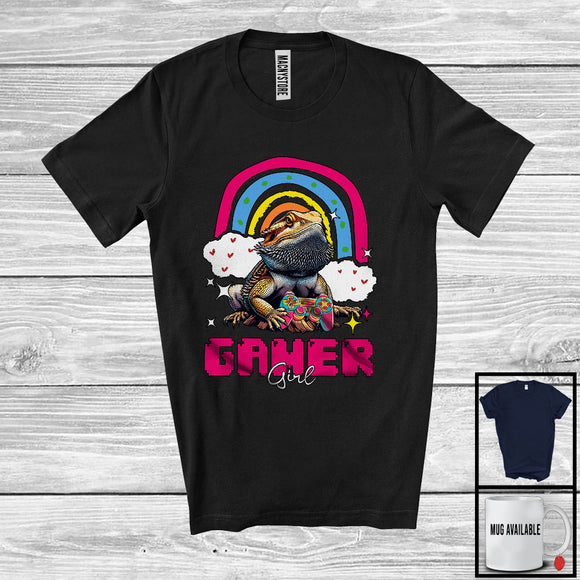 MacnyStore - Gamer Girl; Adorable Bearded Dragon Playing Video Games; Gaming Rainbow Gamer Group T-Shirt