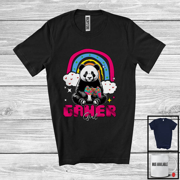 MacnyStore - Gamer Girl; Adorable Panda Playing Video Games Lover; Gaming Rainbow Gamer Group T-Shirt