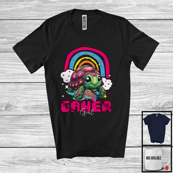 MacnyStore - Gamer Girl; Adorable Turtle Playing Video Games Lover; Gaming Rainbow Gamer Group T-Shirt