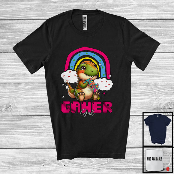 MacnyStore - Gamer Girl; Lovely Rainbow T-Rex Playing Gaming Gamer; Video Games Family Group T-Shirt