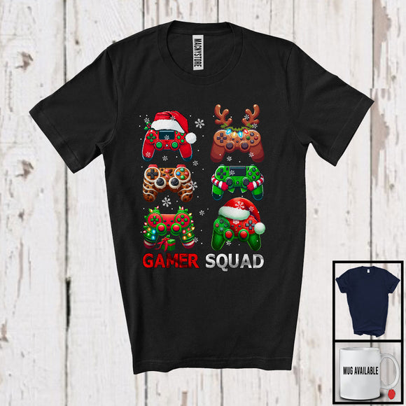 MacnyStore - Gamer Squad; Amazing Christmas Santa Elf Game Controllers Collection Snowing; Gamer Gaming T-Shirt