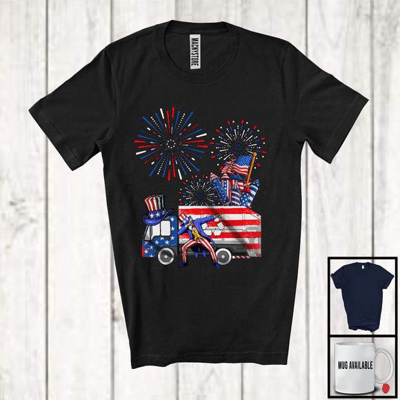 MacnyStore - Garbage Truck Construction Driver, Proud 4th Of July USA Flag Man Dabbing, Firecrackers Patriotic T-Shirt