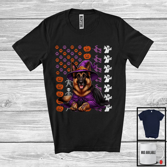 MacnyStore - German Shepherd Witch On American Flag, Adorable Halloween Pumpkin Paws, Patriotic Group T-Shirt