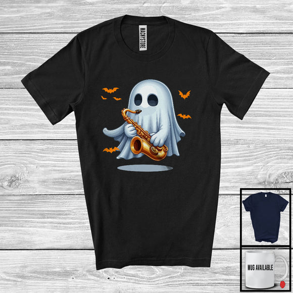 MacnyStore - Ghost Playing Saxophone; Awesome Halloween Boo Ghost; Musical Instruments Player Group T-Shirt