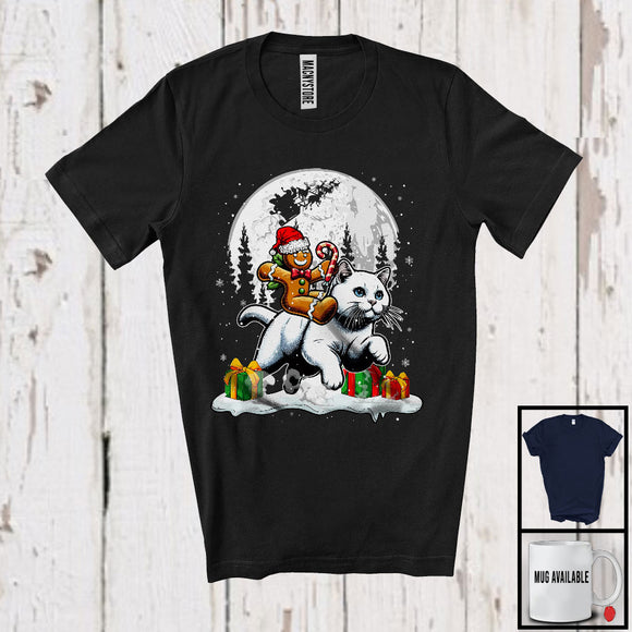 MacnyStore - Gingerbread Man Riding Cat; Joyful Christmas Moon Animal Lover; Snowing Around T-Shirt