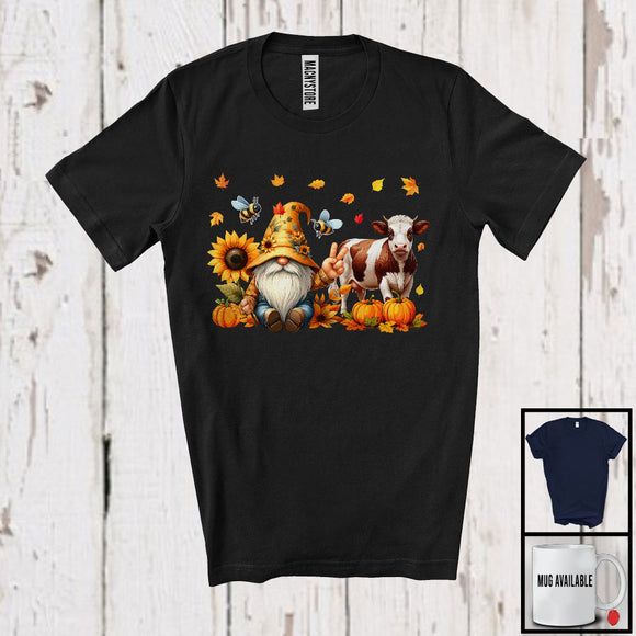 MacnyStore - Gnome And Cow; Adorable Thanksgiving Gnomes Pumpkins Sunflowers; Farm Farmer Animal T-Shirt