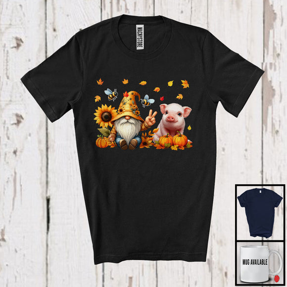 MacnyStore - Gnome And Pig; Adorable Thanksgiving Gnomes Pumpkins Sunflowers; Farm Farmer Animal T-Shirt