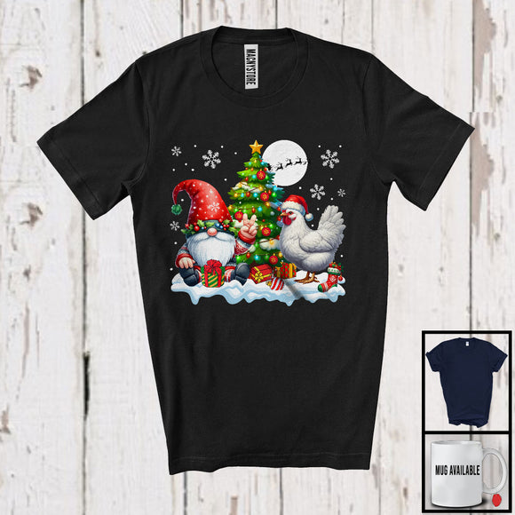 MacnyStore - Gnome And Santa Chicken; Lovely Christmas Lights Farm Animal Farmer; X-mas Family Group T-Shirt