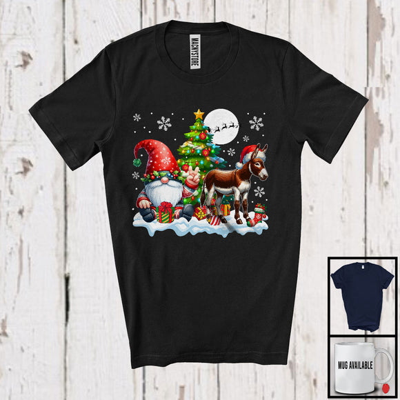 MacnyStore - Gnome And Santa Donkey; Lovely Christmas Lights Farm Animal Farmer; X-mas Family Group T-Shirt