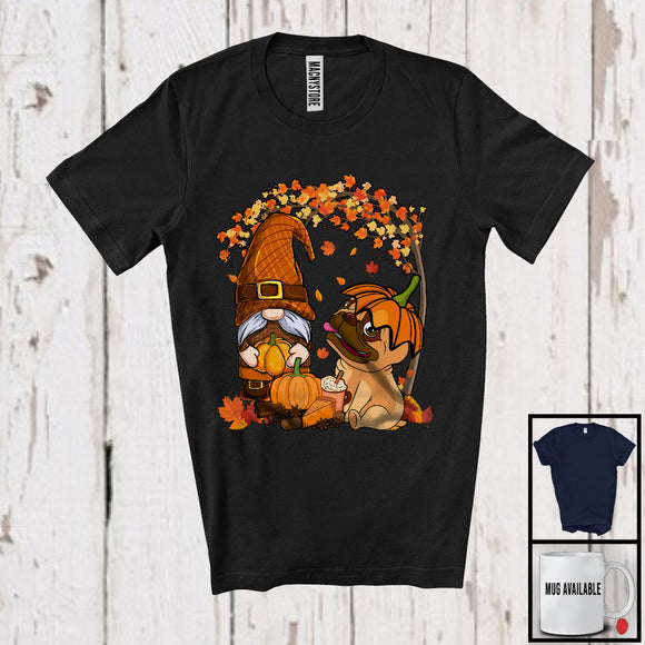 MacnyStore - Gnome With Pug Pumpkin, Awesome Thanksgiving Pug Owner Lover, Fall Tree Leaves Family T-Shirt