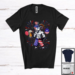 MacnyStore - Goat Drinking Beer, Cheerful 4th Of July Drunker Fireworks, Farmer American Flag Patriotic Group T-Shirt