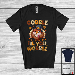 MacnyStore - Gobble Til You Wobble, Adorable Thanksgiving Day Fall Leaves Flowers Turkey, Family Group T-Shirt