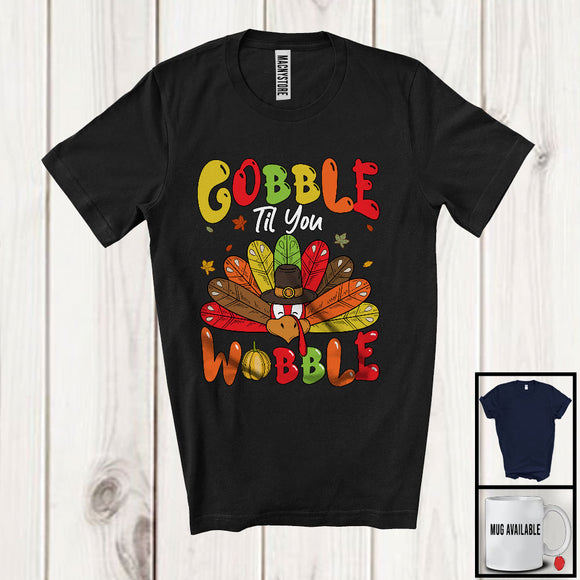 MacnyStore - Gobble Til You Wobble; Humorous Thanksgiving Girls Boys Turkey; Autumn Fall Leaves T-Shirt