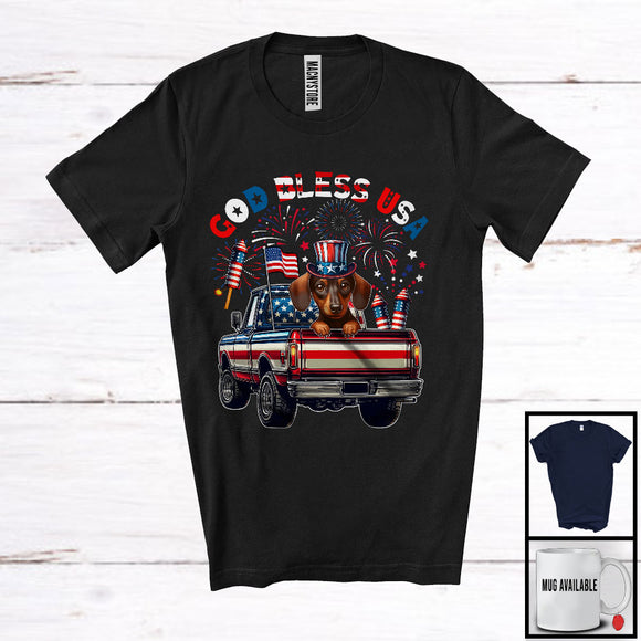MacnyStore - God Bless USA, Happy 4th Of July Dachshund On Pickup Truck, American Flag Patriotic Proud T-Shirt