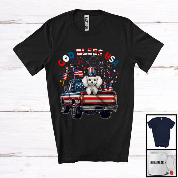 MacnyStore - God Bless USA, Happy 4th Of July Poodle On Pickup Truck, American Flag Patriotic Proud T-Shirt