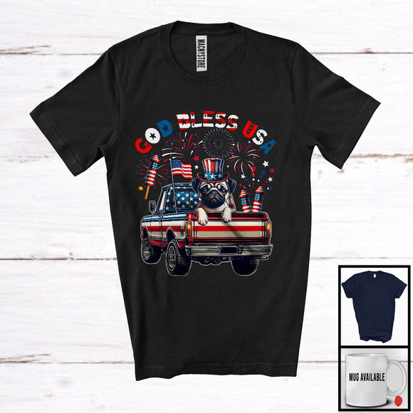 MacnyStore - God Bless USA, Happy 4th Of July Pug On Pickup Truck, American Flag Patriotic Proud T-Shirt