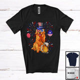 MacnyStore - Golden Retriever Drinking Beer, Cheerful 4th Of July Drunker Fireworks, American Flag Patriotic T-Shirt