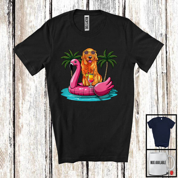 MacnyStore - Golden Retriever On Flamingo Float; Joyful Summer Vacation Hawaii; Pool Beach Family Group T-Shirt