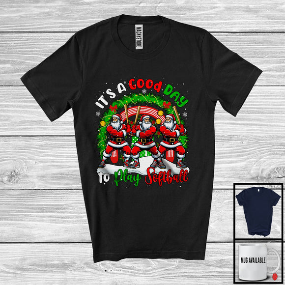 MacnyStore - Good Day To Play Softball; Fantastic Christmas Three Santa Sport Players; X-mas Rainbow T-Shirt