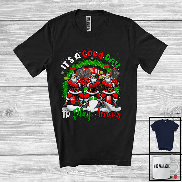 MacnyStore - Good Day To Play Tennis; Fantastic Christmas Three Santa Sport Players; X-mas Rainbow T-Shirt