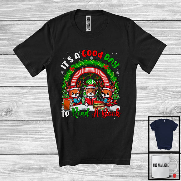 MacnyStore - Good Day To Read A Book; Adorable Christmas Three X-mas Reindeer Rainbow; Librarian Bookworm T-Shirt