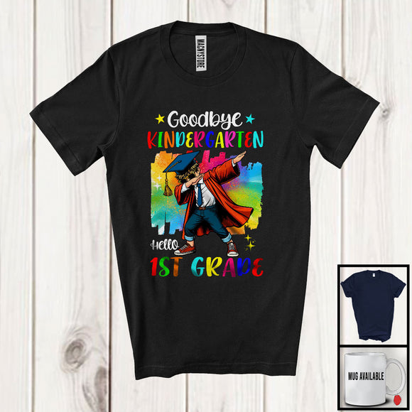 MacnyStore - Goodbye Kindergarten Hello 1st Grade, Colorful Graduation Dabbing Boy, Student Graduate Group T-Shirt