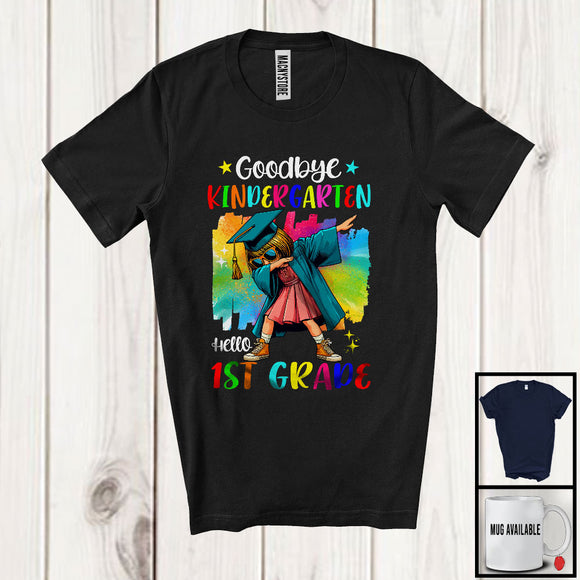 MacnyStore - Goodbye Kindergarten Hello 1st Grade, Colorful Graduation Dabbing Girl, Student Graduate Group T-Shirt