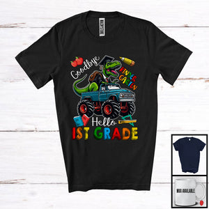 MacnyStore - Goodbye Kindergarten Hello 1st Grade, Joyful Last Day Of School T-Rex Riding Monster Truck T-Shirt