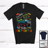 MacnyStore - Goodbye Preschool Hello Kindergarten, Joyful Last Day Of School T-Rex Riding Monster Truck T-Shirt