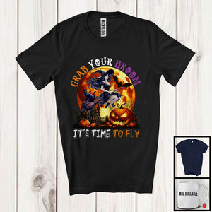 MacnyStore - Grab Your Broom It's Time To Fly, Scary Halloween Costume Witch Lover, Carved Pumpkin Family T-Shirt