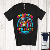 MacnyStore - Graduated 4th Grade 2024, Lovely Graduation Dabbing Pencil Sunglasses, Leopard Rainbow T-Shirt