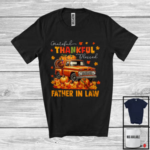 MacnyStore - Grateful Thankful Blessed Father in law; Cool Thanksgiving Turkey Pumpkin On Pickup Truck; Family T-Shirt